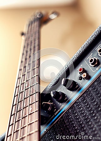 Five string bass guitar and amplifier Stock Photo