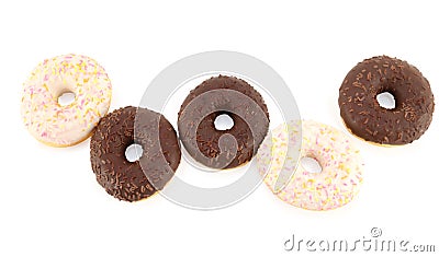 Five sweet white and chocolate donuts isolated Stock Photo