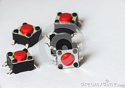Five tact switch, red pushbutton switch,component electronic,copy space Stock Photo