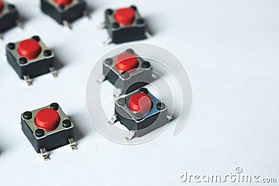 Five tact switch, red pushbutton switch,component electronic,copy space Stock Photo