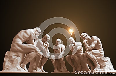 Five thinkers and one of them has a glowing light bulb above his head as a symbol of a new idea Editorial Stock Photo