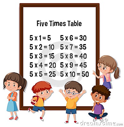Five Times Table with many kids cartoon character Vector Illustration