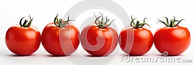 Five Tomatoes Lined Up In A Row On A White Background Stock Photo