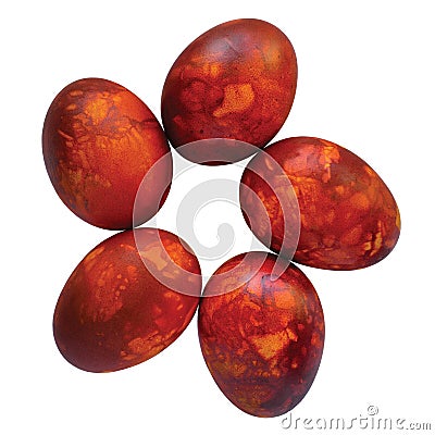 Five traditional red Easter eggs, onions peel colored, painted in onion skins, large detailed isolated rustic vintage macro Stock Photo