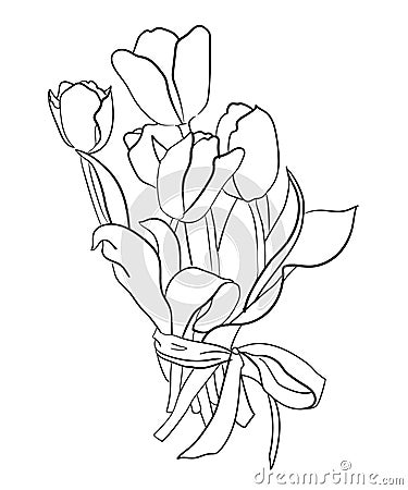 Five tulips tied with a ribbon, silhouette drawing Vector Illustration