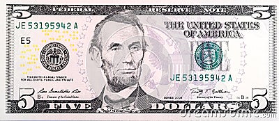 Five U.S dollar banknote. Editorial Stock Photo