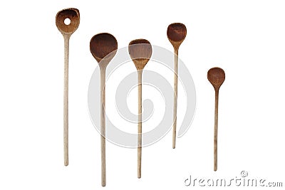 Five used wooden spoons Stock Photo