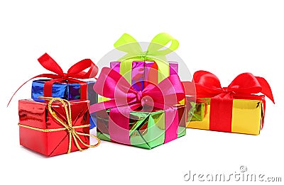 Five various glossy gift wrapped presents Stock Photo