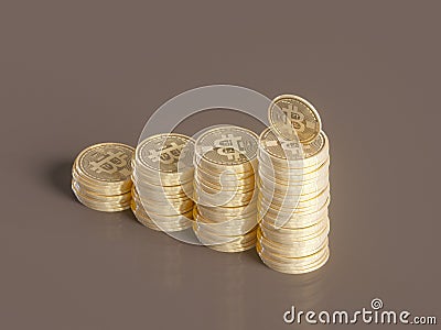 Five Virtual Coins Bitcoins On Printed Circuit Board. 3D Illustration. Stock Photo