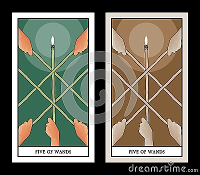 Five of wands. Tarot cards. Hands holding crossed sticks Vector Illustration
