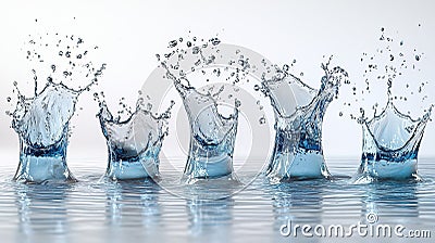 Five water splashes in a row, creating a symmetrical pattern reflecting on a surface Stock Photo