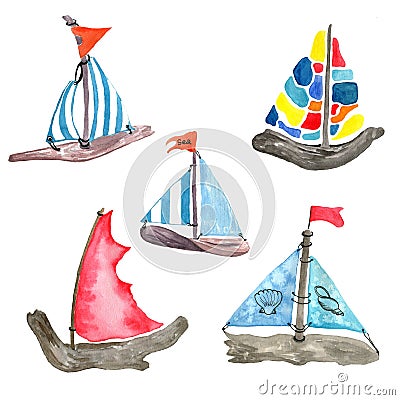 Five watercolor children wooden colorful sailboats Cartoon Illustration