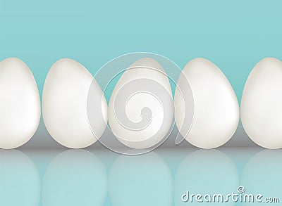 A five white chicken eggs on blue color background with reflaction. Natural ecological protein product. Healthy food. Dietary meal Cartoon Illustration