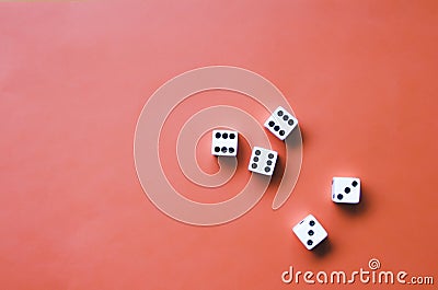 Five white dice on an orange background. Combination: full on sixes and triples Stock Photo