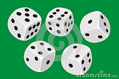 Five white dices size thrown in a craps game, yatzy or any kind of dice game against a green background - illustration in simple c Cartoon Illustration