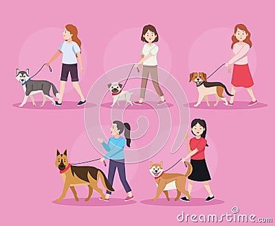 five women with dogs Vector Illustration