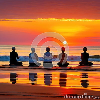 Five women seated on yoga mats Stock Photo