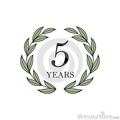 Five year anniversary with floral laurel wreath Stock Photo