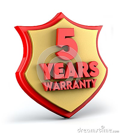 Five year warranty text on golden red shield background. 3d illustration. Cartoon Illustration