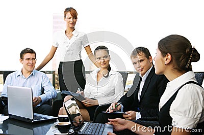 Five young business persons are having a meeting Stock Photo