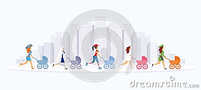 Five young women are walking with their prams Vector Illustration