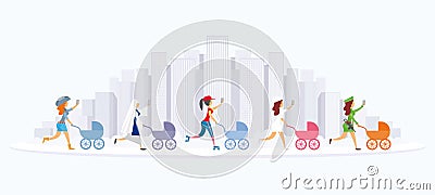 Five young women are walking with their prams and taking selfies Vector Illustration