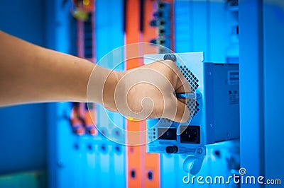 Fix uninterrupted power source unit in data center room Stock Photo