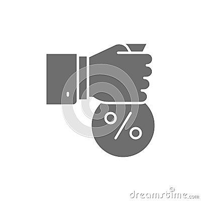 Fixed interest rate, hand with money bag grey icon. Cartoon Illustration