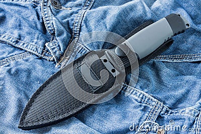 Fixed knife in case. Diagonal position. Clouse up. Stock Photo