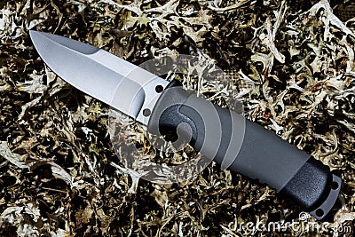 Fixed knife on dry grass. Diagonal position. Cold teperature. Stock Photo