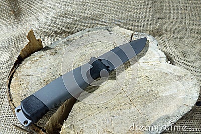 Fixed knife for outdoor on stump. Stock Photo