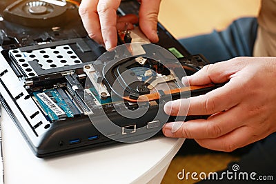 Fixing laptop. Repairman holds cooling fan and repairs from overheating. Disassembling computer, replacement, clean dust Stock Photo