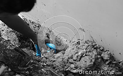 Fixing leaking water pipe underground the house Stock Photo