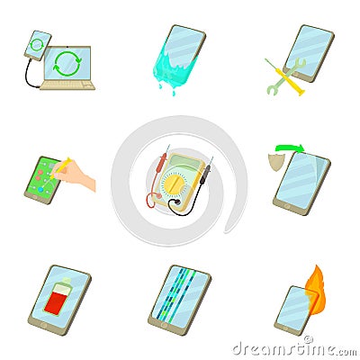 Fixing phone icons set, cartoon style Vector Illustration