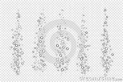 Fizzing air bubbles. 3D effect of breathing gas in liquid or boiling water. Realistic underwater flow on transparent Vector Illustration