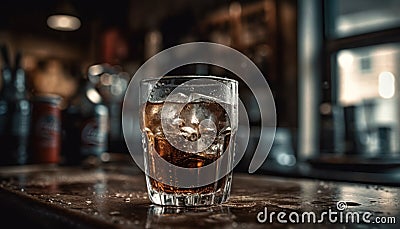Fizzing Delight: Iced Cola in Glass at a Bar. Generative Ai Stock Photo