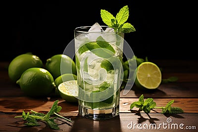 Fizzy Mojito cocktail green glass. Generate Ai Stock Photo