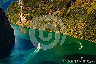 Fjord Geirangerfjord with cruise ship, Norway Stock Photo