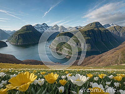 Fjord during spring with bed of spring flowers - AI Generated Stock Photo