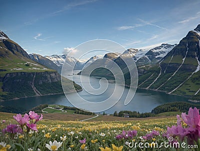 Fjord during spring with bed of spring flowers - AI Generated Stock Photo