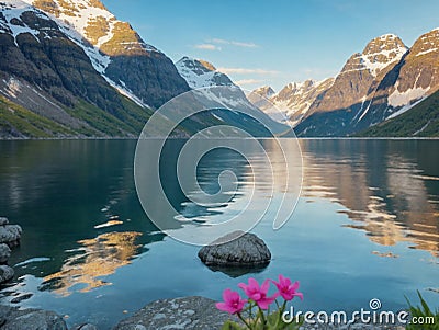 Fjord during spring sunset with calm waters - AI Generated Stock Photo