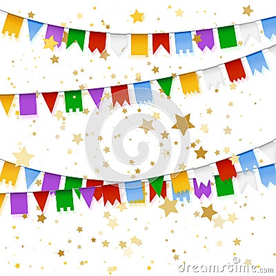 Garland with realistic flags. Holiday background with gold star confetti. Vector Illustration