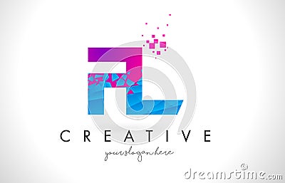 FL F L Letter Logo with Shattered Broken Blue Pink Texture Design Vector. Vector Illustration