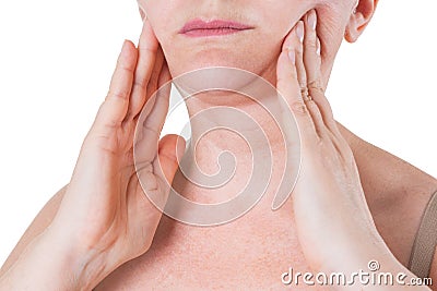 Flabby skin on the neck of an elderly woman isolated on white background Stock Photo