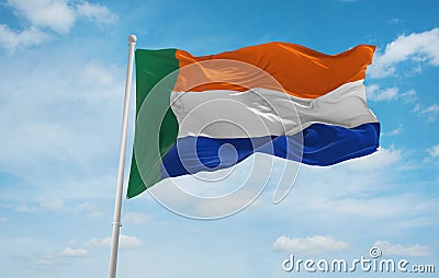 flag of Africans of European ancestry Afrikaners at cloudy sky background, panoramic view.flag representing ethnic group or Cartoon Illustration