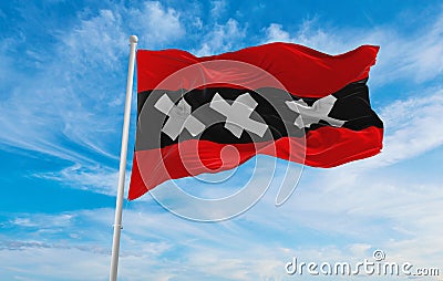 flag of Amsterdam , Netherlands at cloudy sky background on sunset, panoramic view. Dutch travel and patriot concept. copy space Cartoon Illustration