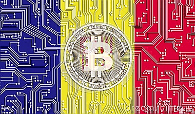 flag of Andorra and bitcoin, Integrated Circuit Board pattern. Bitcoin Stock Growth. Conceptual image for investors in Editorial Stock Photo
