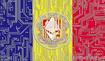 flag of Andorra and ethereum coin, Integrated Circuit Board pattern. Ethereum Stock Growth. Conceptual image for investors in Editorial Stock Photo