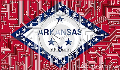 flag of Arkansas, USA and ethereum coin, Integrated Circuit Board pattern. Ethereum Stock Growth. Conceptual image for investors Editorial Stock Photo