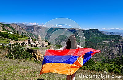 Flag of Armenia on the background of Tatev Monastery Editorial Stock Photo